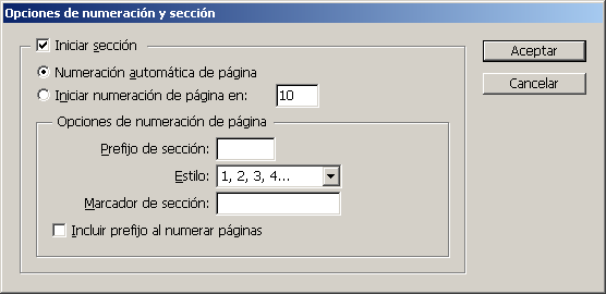 El cuadro de diálogo de la numeración automática en InDesign CS2.