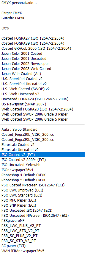 La lista de perfiles de color CMYK instalados en mi ordenador.