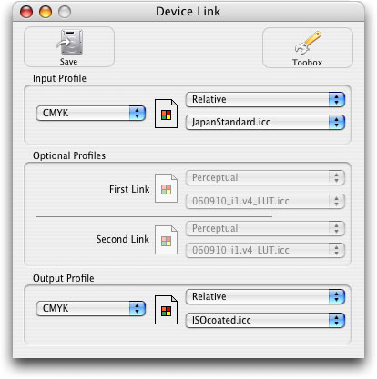 El cuadro de diálogo en ColorShop para crear perfiles devicelink.