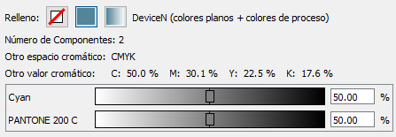 Un color DeviceN con dos colorantes en el inspector de Enfocus PitStop Pro.