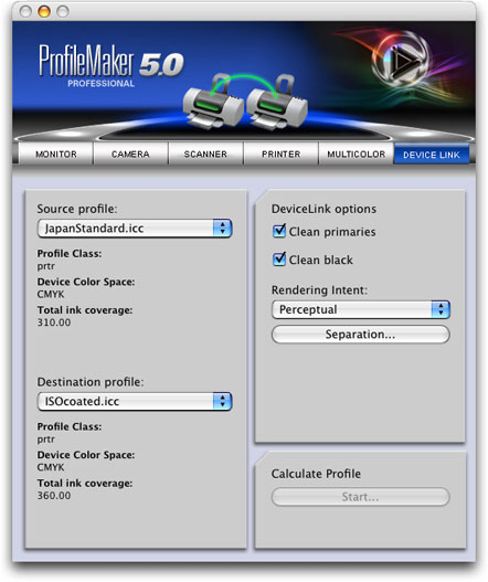El cuadro de diálogo de ProfileMaker para la creación de un perfil devicelink.